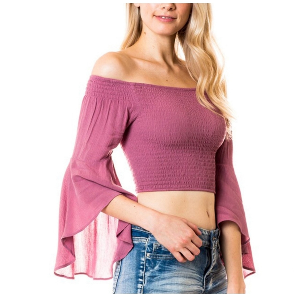 NEW Smocked Off-Shoulder Bell Sleeve Top in Rose sz L
